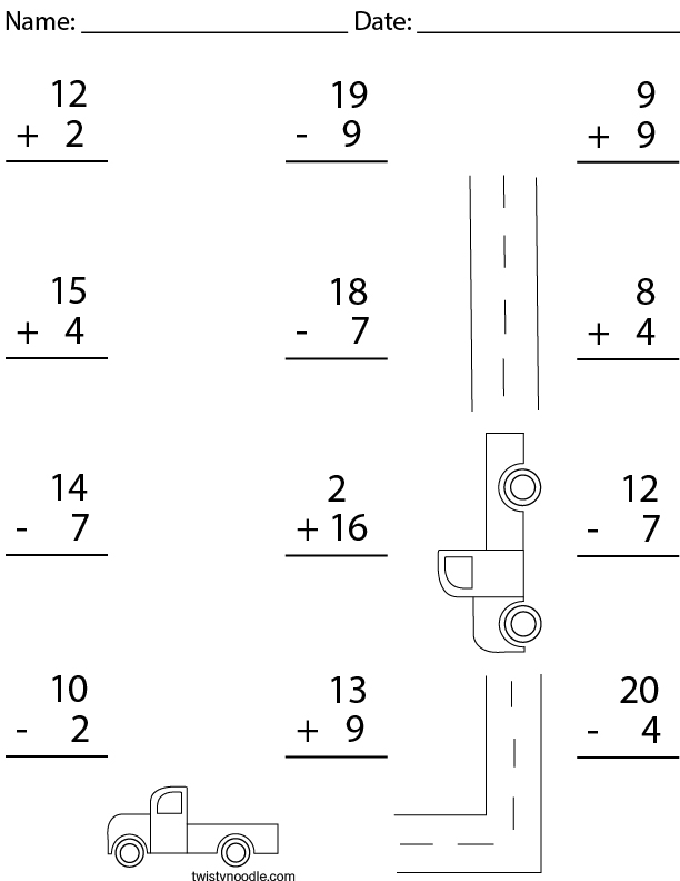 Add And Subtract Within 20 Math Worksheet Twisty Noodle 7803